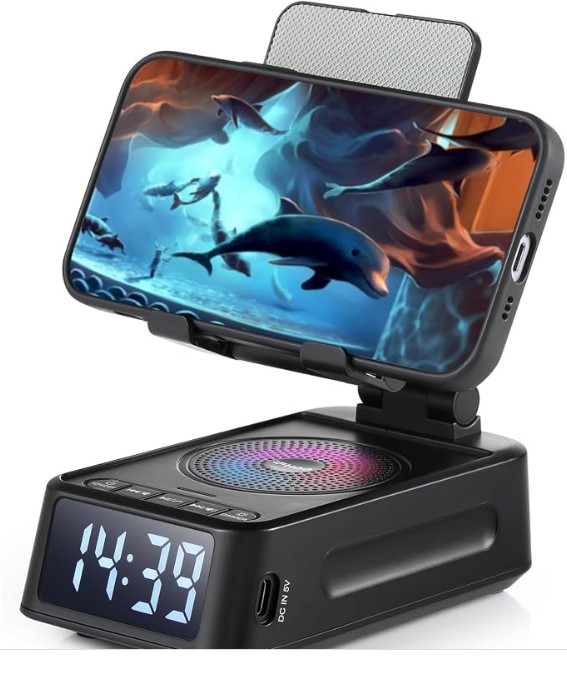 DiKaou Phone Stand with Bluetooth Speaker & Clock, Gifts for Men Women, Birthday Gifts for Him, Phone Holder with Wireless Speaker, Ideal for Dad Mom Husband Boy, Cool Tech Gadget